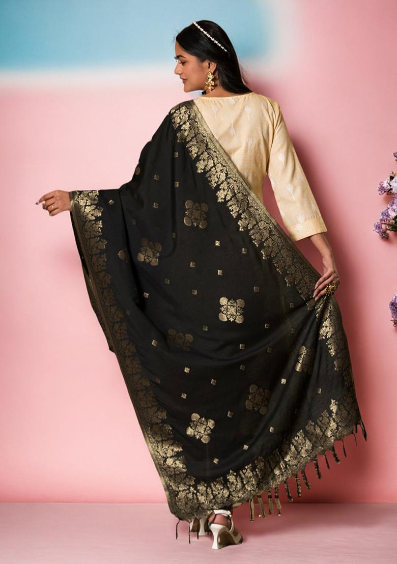 Black Floral Print Rayon Dupatta - Indya