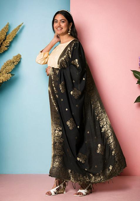 Black Floral Print Rayon Dupatta