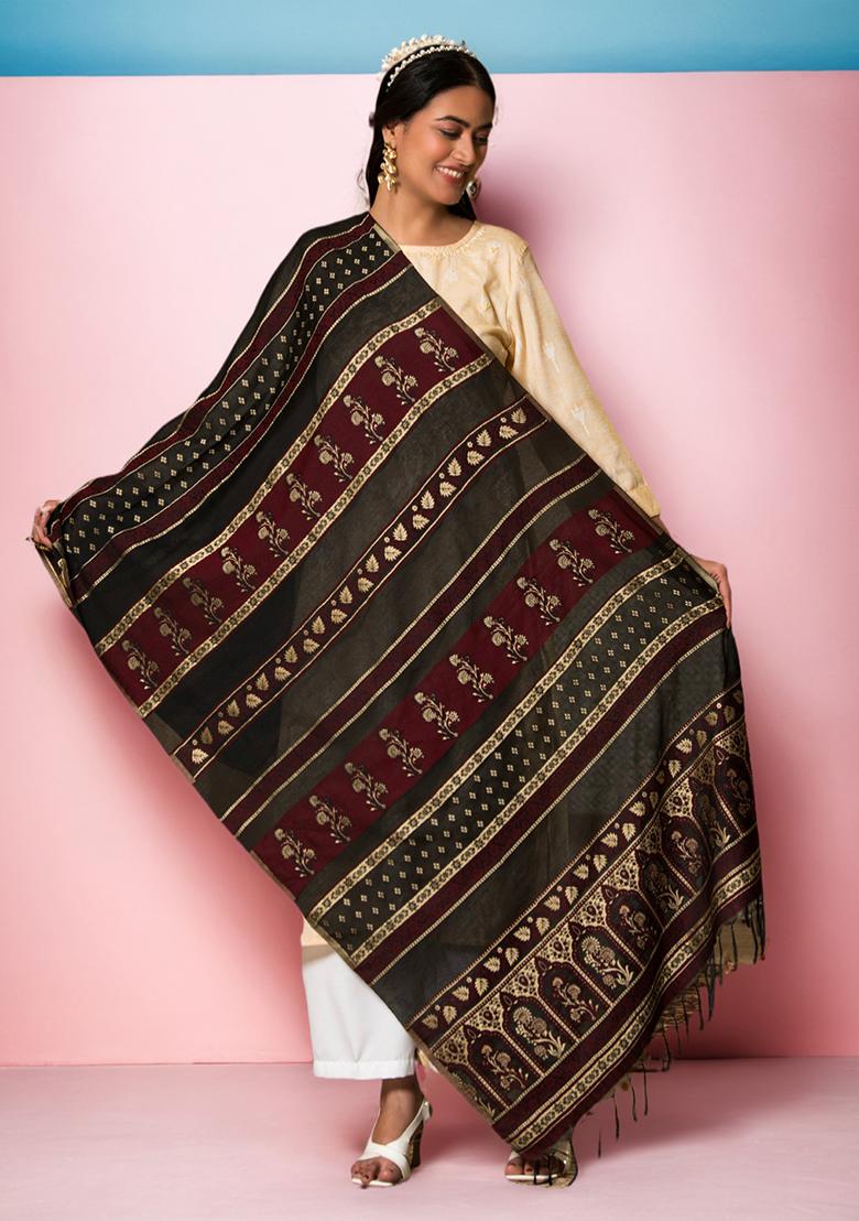Black Floral Print Rayon Dupatta - Indya