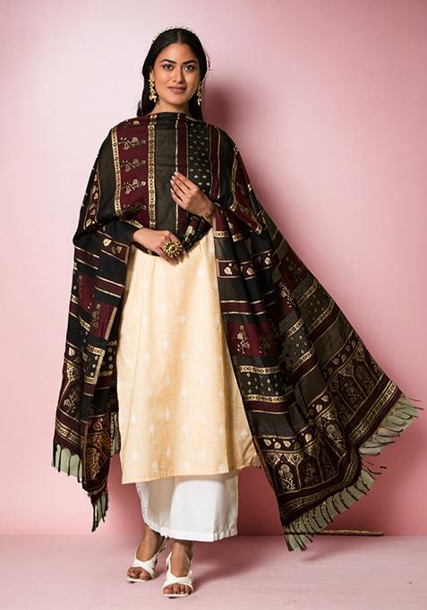 Black Floral Print Rayon Dupatta
