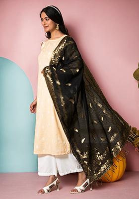 Black Floral Print Rayon Dupatta