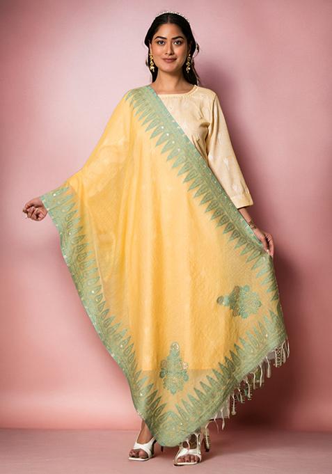 Yellow Floral Print Rayon Dupatta