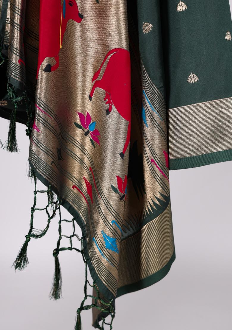 Dark Green Zari Embroidered Jacquard Dupatta - Indya