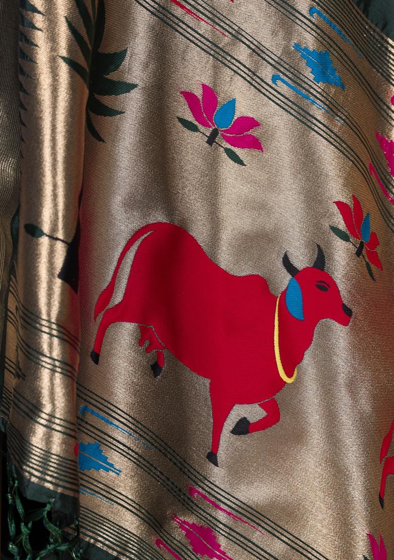 Dark Green Zari Embroidered Jacquard Dupatta - Indya