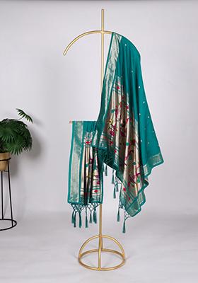 Teal Blue Zari Embroidered Jacquard Dupatta