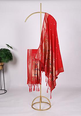 Red Zari Embroidered Jacquard Dupatta