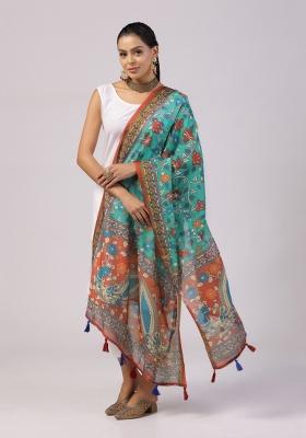 Teal Digital Print Cotton Dupatta