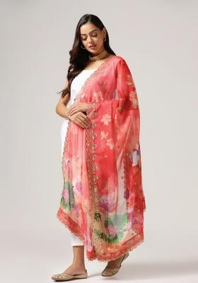 Red Digital Print Organza Dupatta