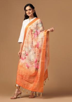 Peach Digital Print Silk Dupatta