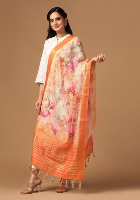 Peach Digital Print Silk Dupatta