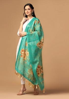 Teal Digital Print Silk Dupatta
