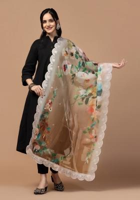 Brown Digital Print Organza Silk Dupatta