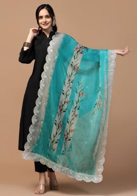 Teal Digital Print Organza Silk Dupatta