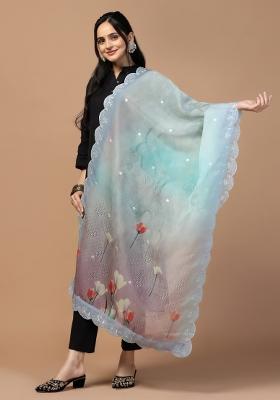 Grey Digital Print Organza Silk Dupatta