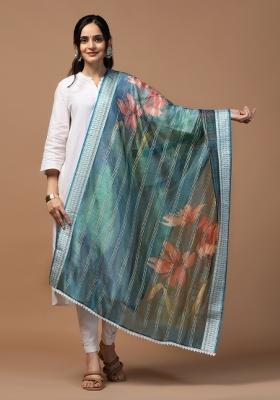 Teal Digital Print Organza Dupatta