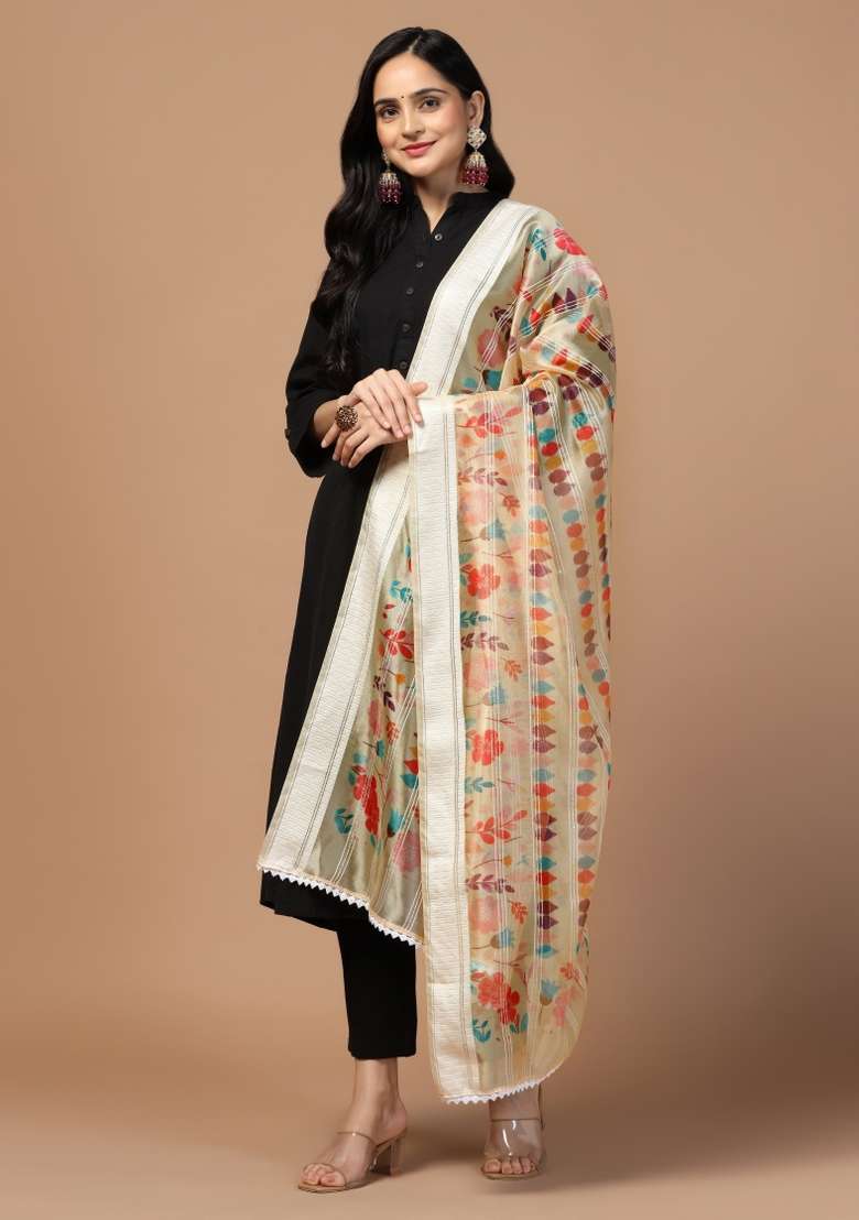 Cream Digital Print Organza Dupatta - Indya