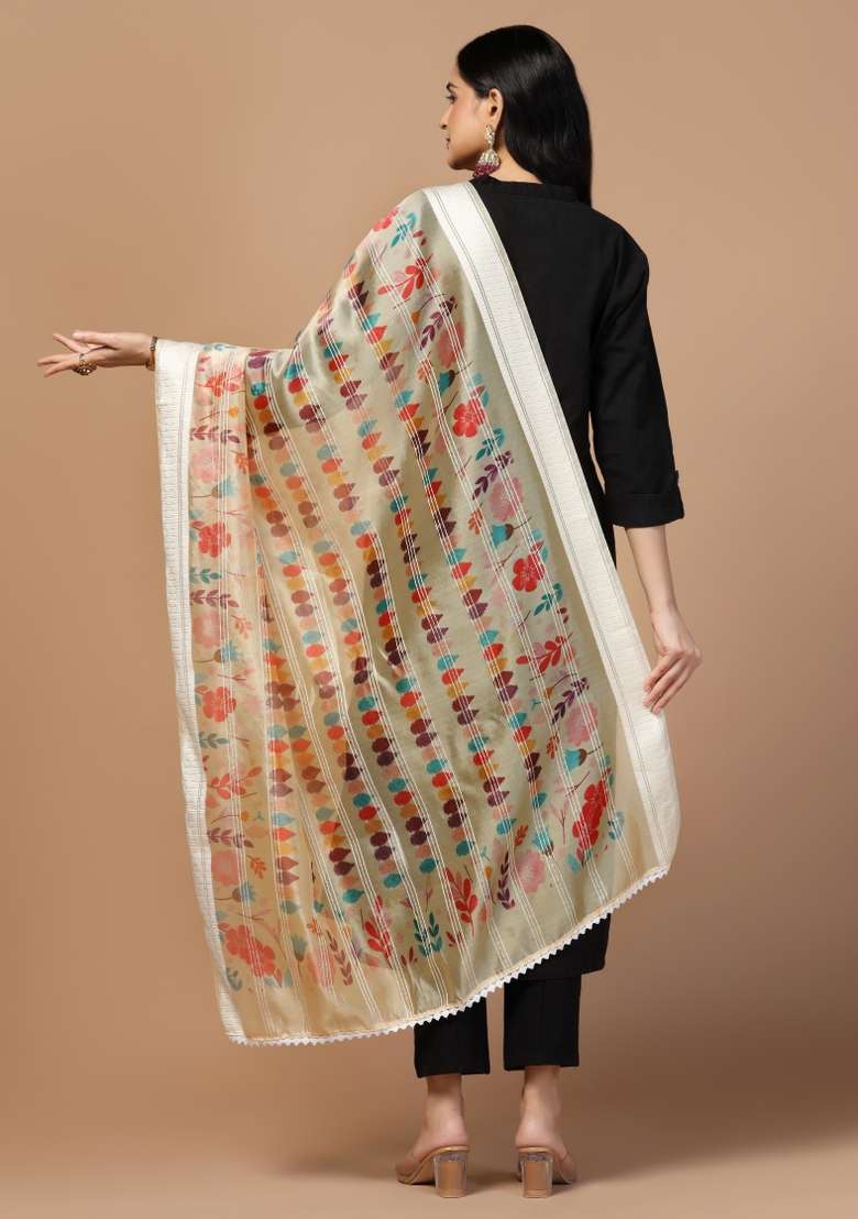 Cream Digital Print Organza Dupatta - Indya