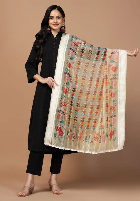 Cream Digital Print Organza Dupatta
