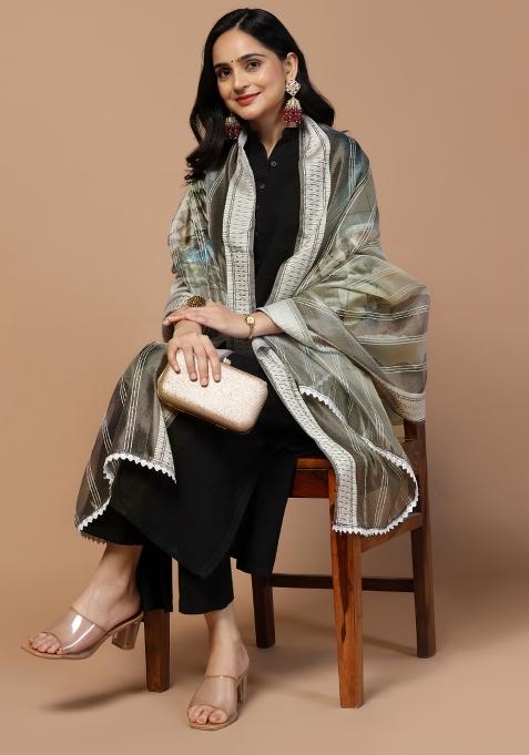Grey Digital Print Organza Dupatta