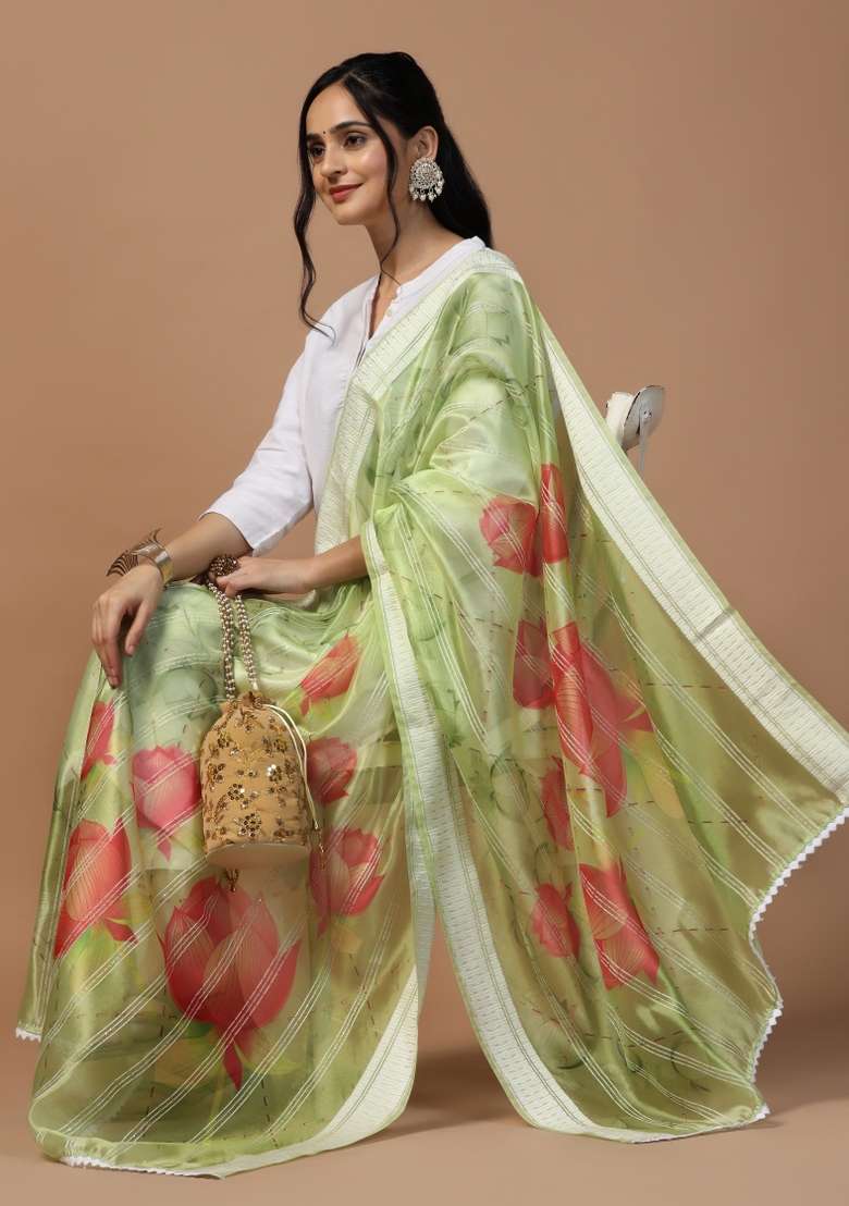 Green Digital Print Organza Dupatta - Indya