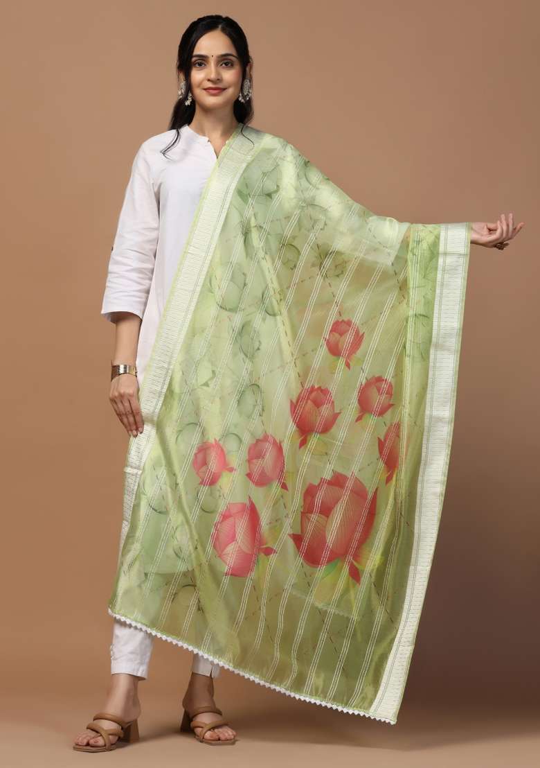 Green Digital Print Organza Dupatta - Indya