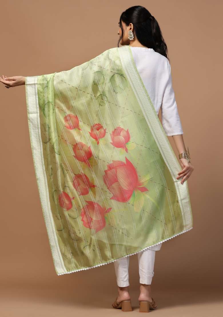 Green Digital Print Organza Dupatta - Indya
