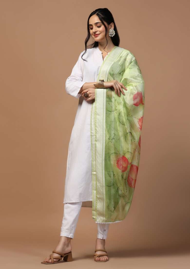 Green Digital Print Organza Dupatta - Indya