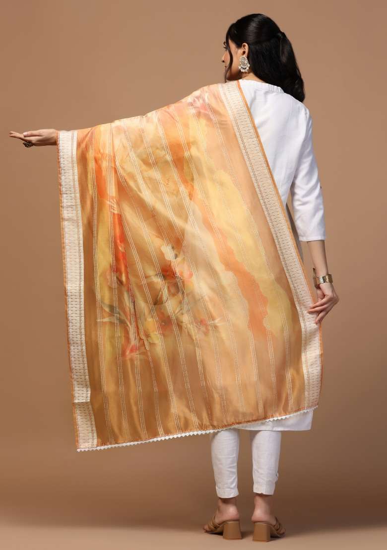 Orange Digital Print Organza Dupatta - Indya