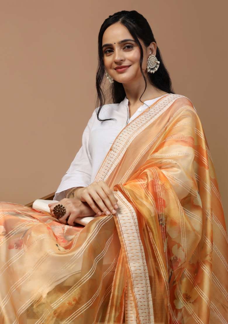 Orange Digital Print Organza Dupatta - Indya