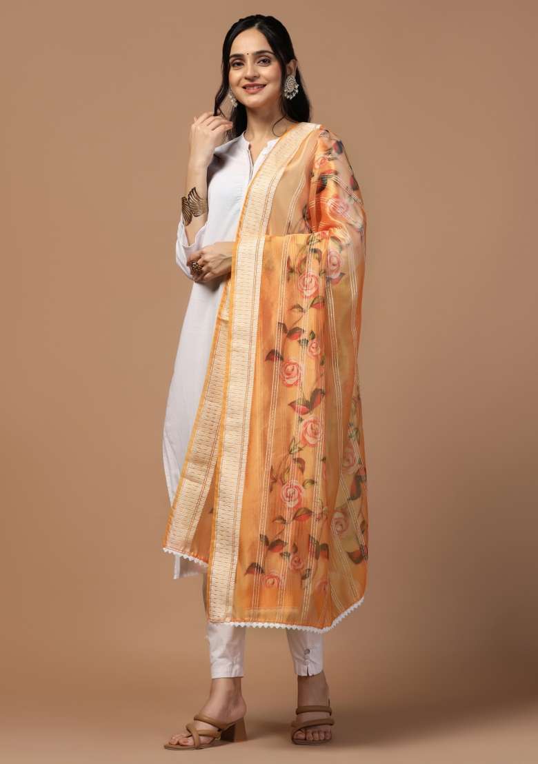 Orange Digital Print Organza Dupatta - Indya