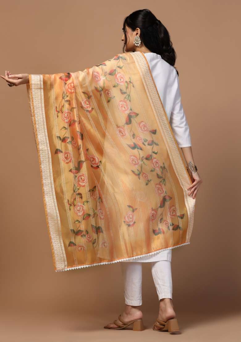 Orange Digital Print Organza Dupatta - Indya