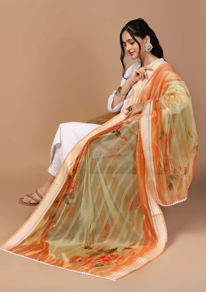 Orange Digital Print Organza Dupatta - Indya