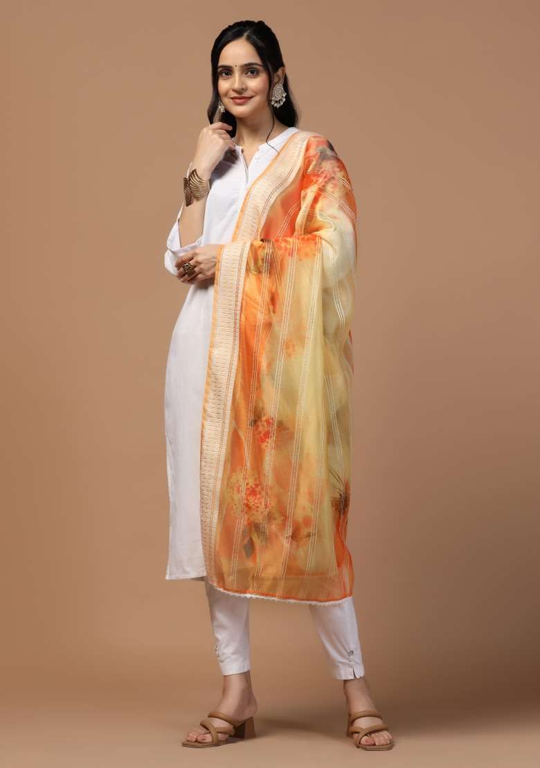 Orange Digital Print Organza Dupatta - Indya