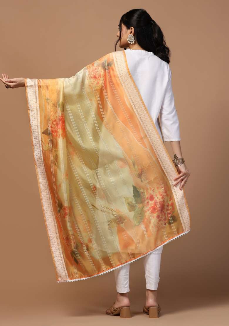 Orange Digital Print Organza Dupatta - Indya