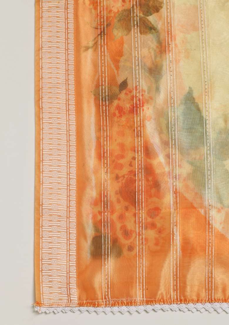 Orange Digital Print Organza Dupatta - Indya