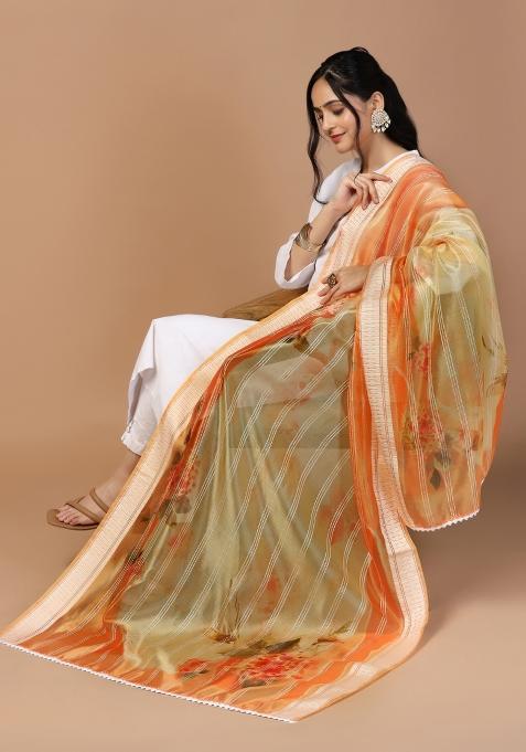 Orange Digital Print Organza Dupatta