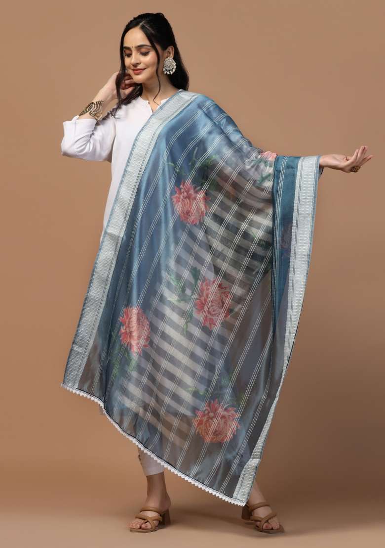 Blue Digital Print Organza Dupatta - Indya