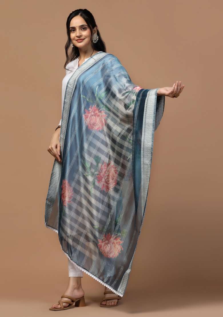 Blue Digital Print Organza Dupatta - Indya