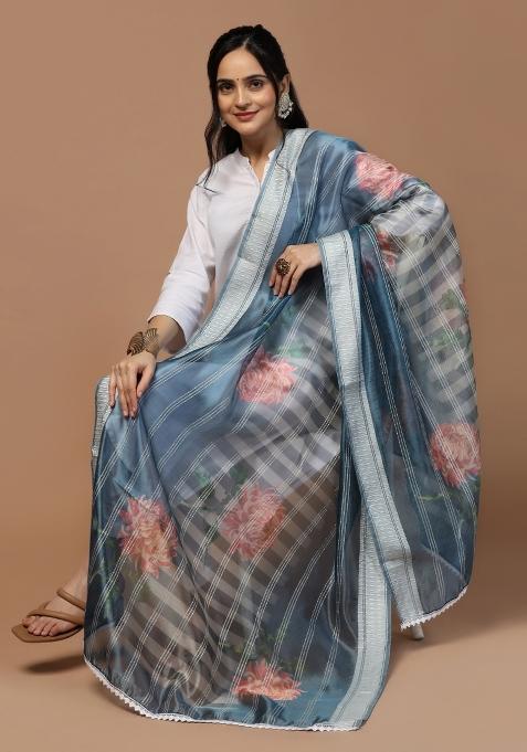 Blue Digital Print Organza Dupatta