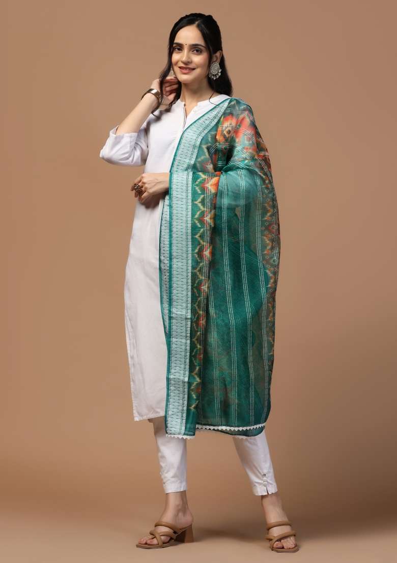 Teal Digital Print Organza Dupatta - Indya