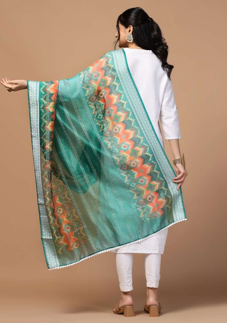 Teal Digital Print Organza Dupatta - Indya