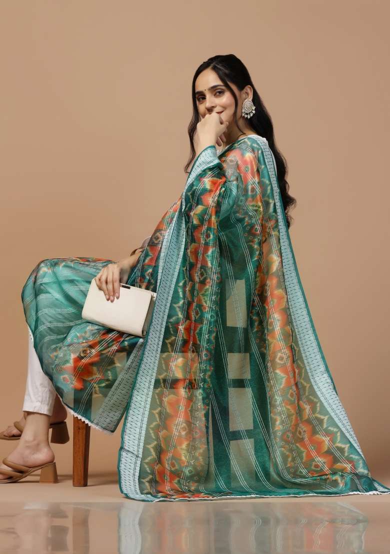 Teal Digital Print Organza Dupatta - Indya