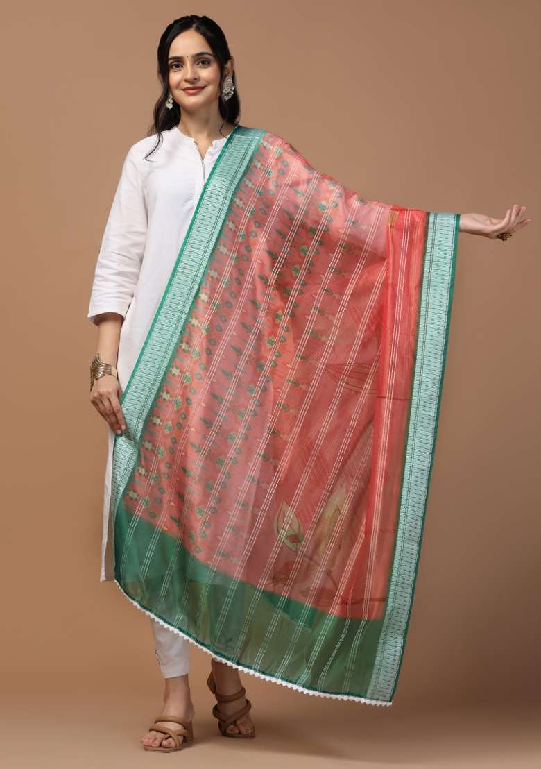 Red Digital Print Organza Dupatta - Indya