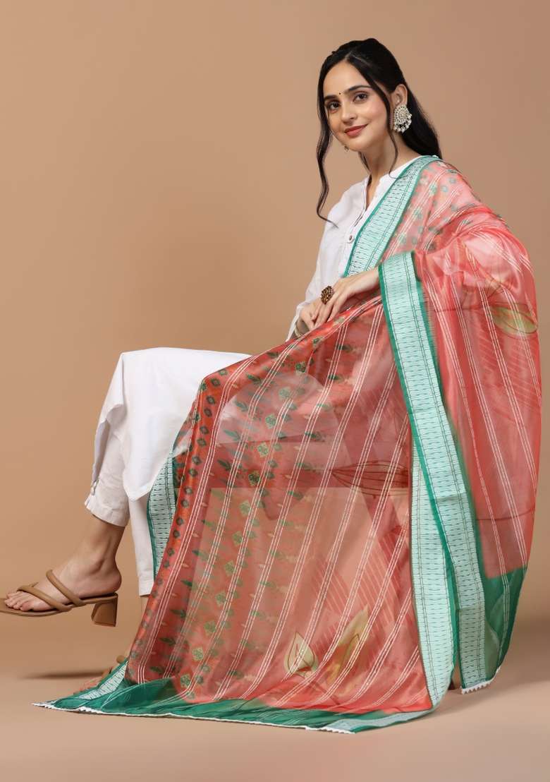 Red Digital Print Organza Dupatta - Indya