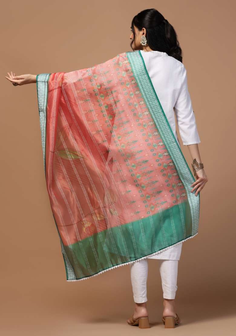 Red Digital Print Organza Dupatta - Indya