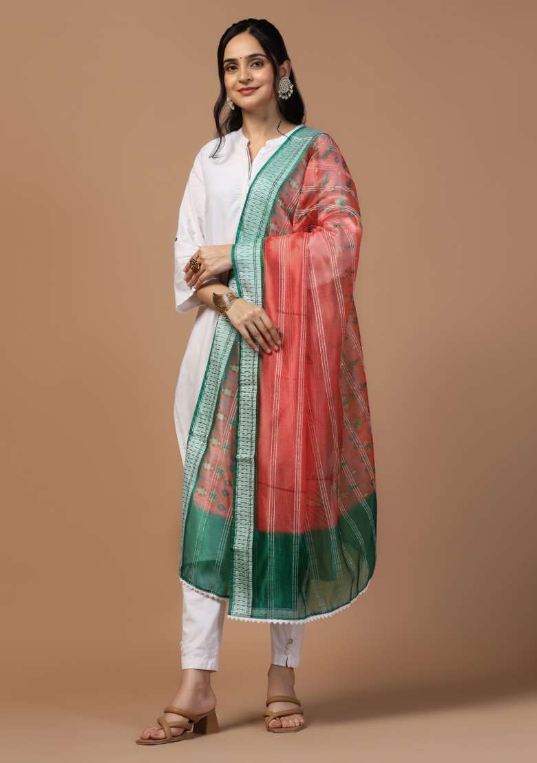 Red Digital Print Organza Dupatta - Indya