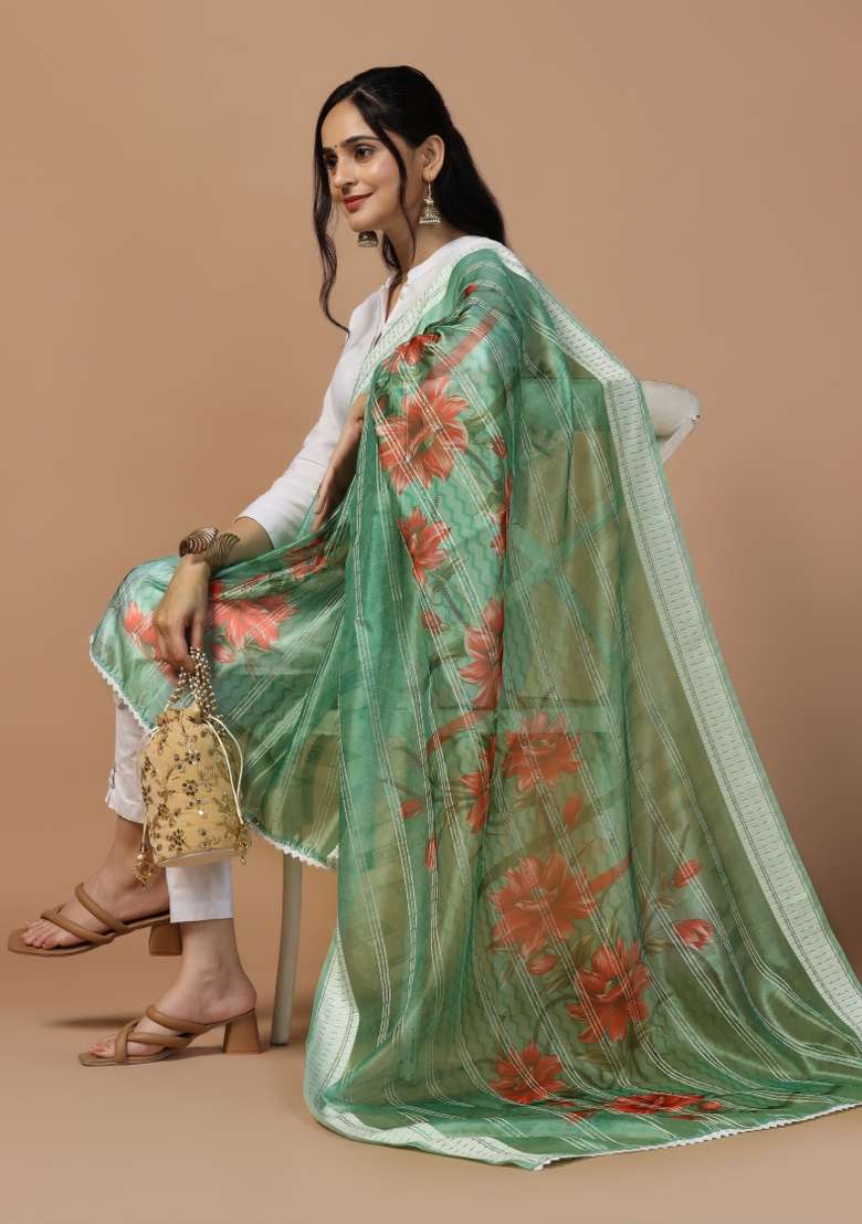 Green Digital Print Organza Dupatta - Indya