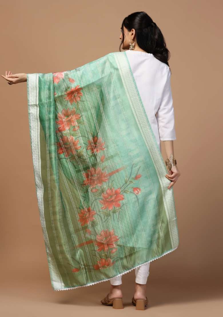 Green Digital Print Organza Dupatta - Indya