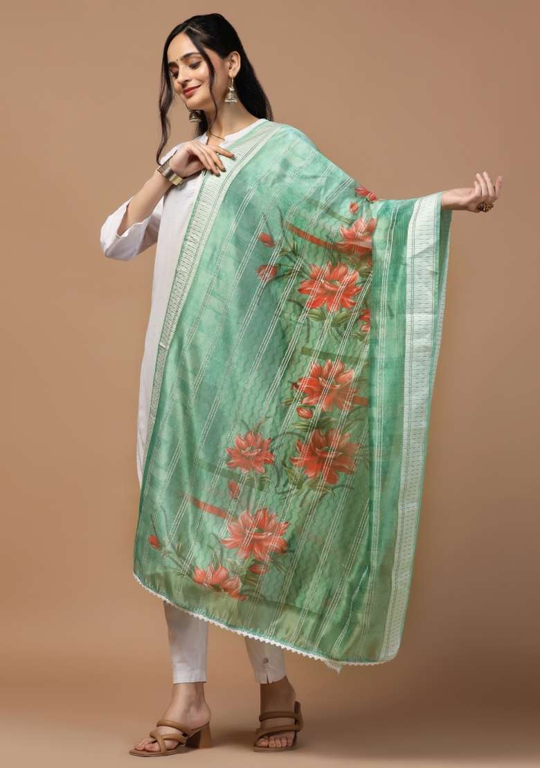Green Digital Print Organza Dupatta - Indya