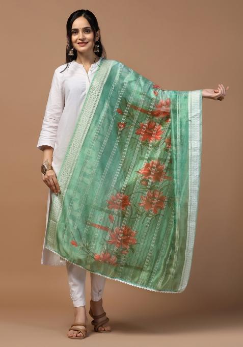 Green Digital Print Organza Dupatta